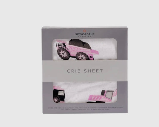 Pink Digger Muslin Crib Sheet