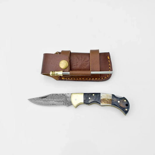 Damascus Steel Pocket Knife Limited Run Black Diamond Wood and Stag Horn